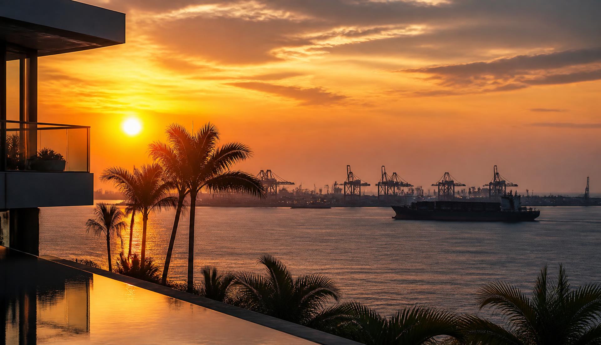 Tropical coastline at sunset with a distant commercial port and cargo vessel