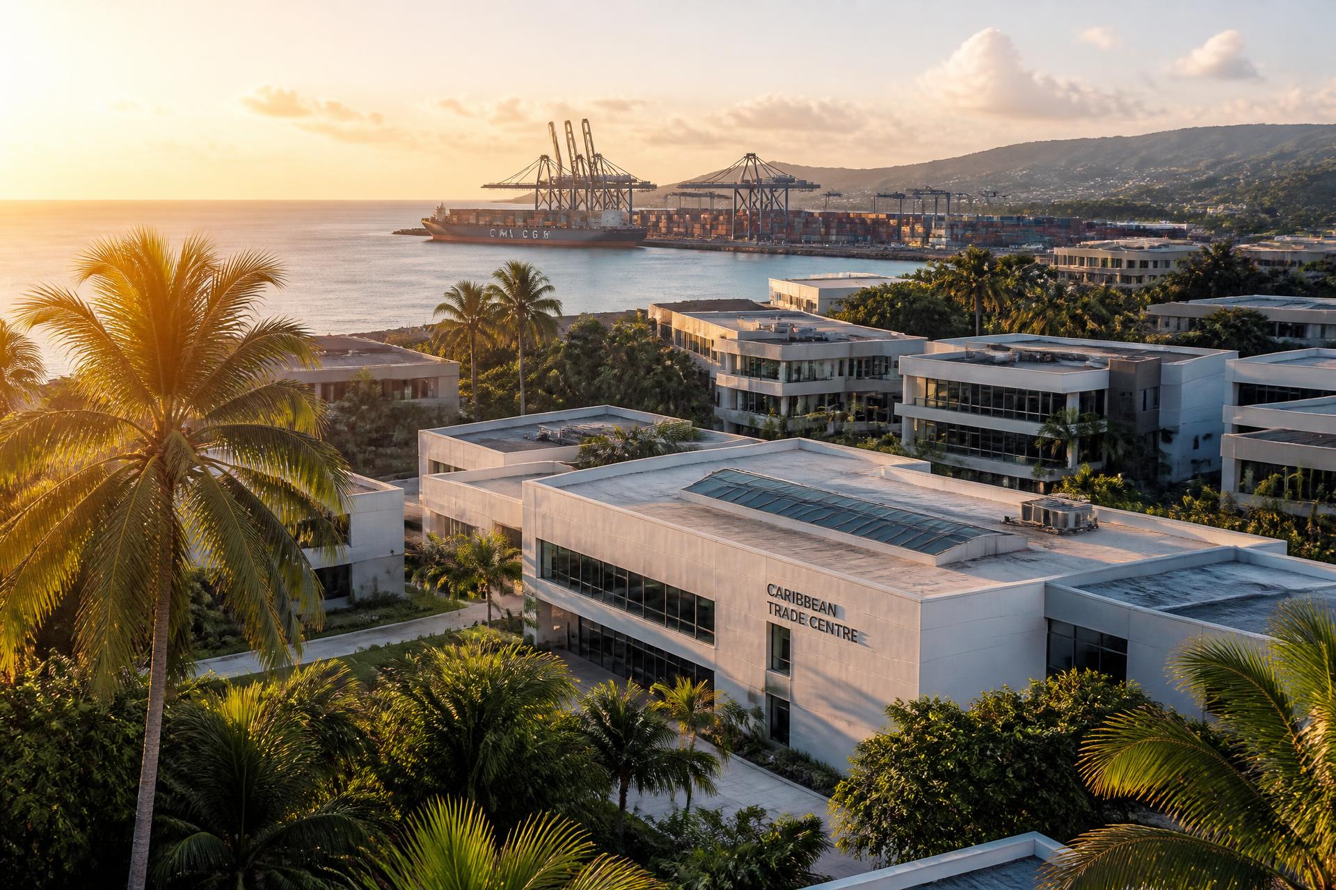 Golden hour view over a modern Caribbean coastal commercial district with a container terminal in the distance
