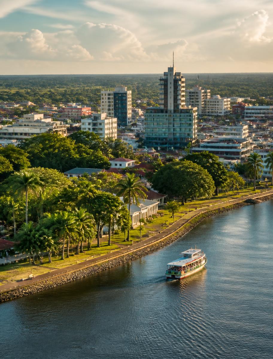 Riverside Paramaribo with tropical vegetation and modern buildings in warm afternoon light