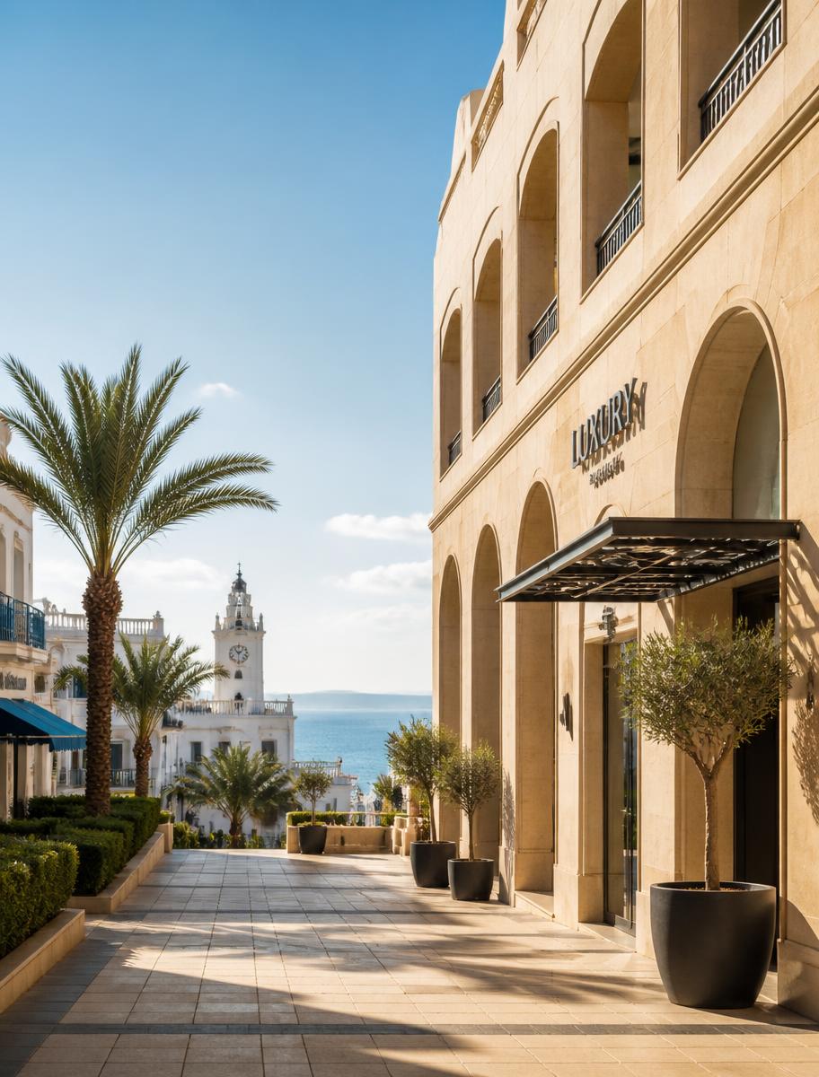 Sunlit Mediterranean commercial street in Tunisia with sandstone architecture